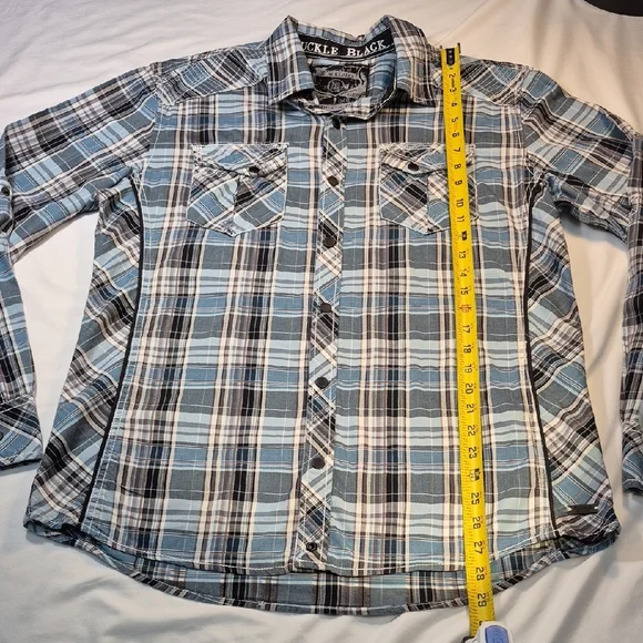 Buckle Black, Long Sleeve Black Label  Blue and Black Plaid Snap Down Mens Shirt - Picture 3 of 16